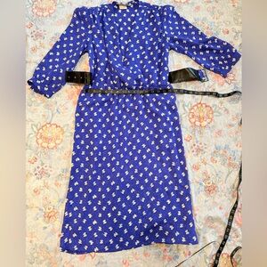 Vintage 70s Retro Purple Bow Print Dress Belted Shift Style Medium Coquette